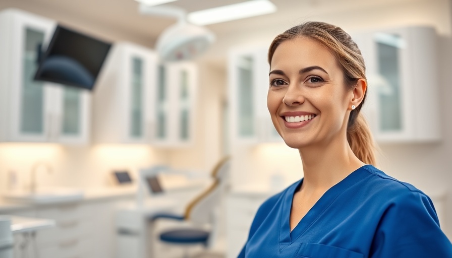 Smiling woman in blue uniform in dental care office, soft lighting.