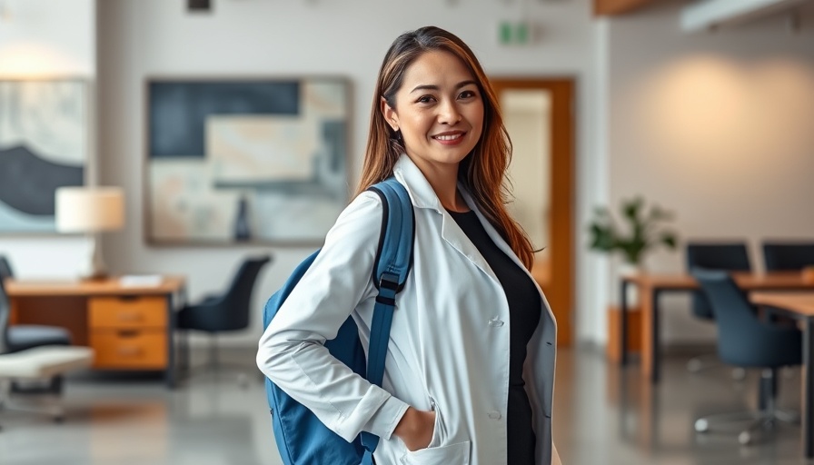 Professional woman in white coat with backpack in office setting for foot pain relief.
