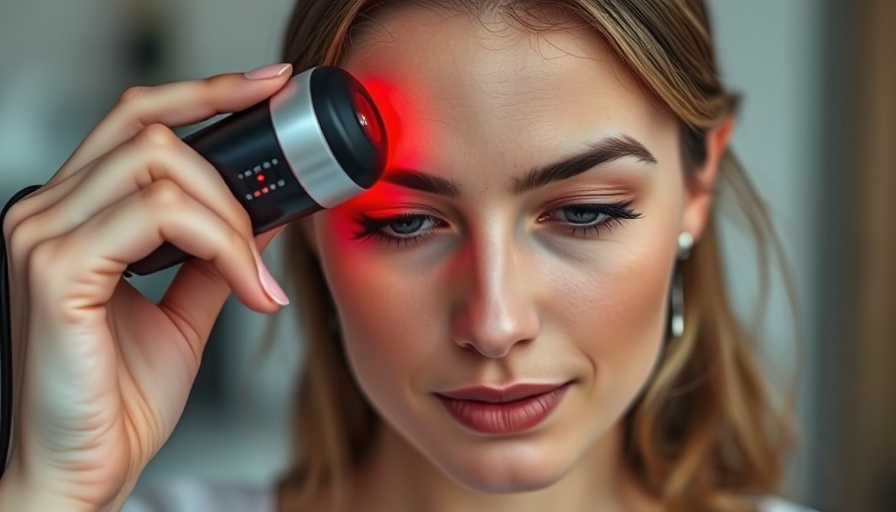 Woman using red light therapy device for wrinkle reduction.