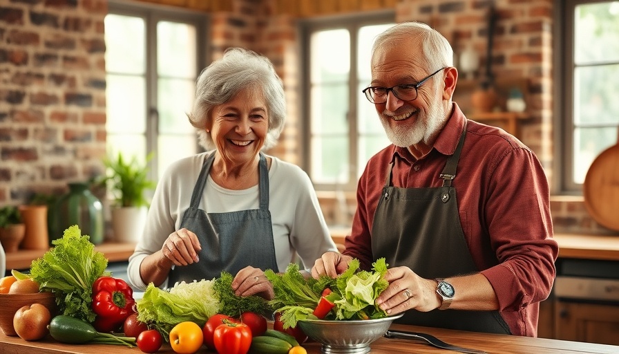 Older couple preparing salad with vegetables in cozy kitchen for brain health.