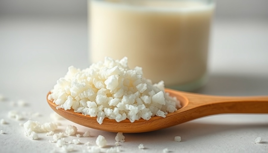 Kefir grains on a spoon with jar, illustrating brewing process.