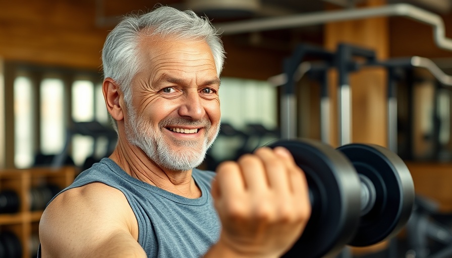 Elderly man lifting weights, promoting exercise and colon cancer survival.