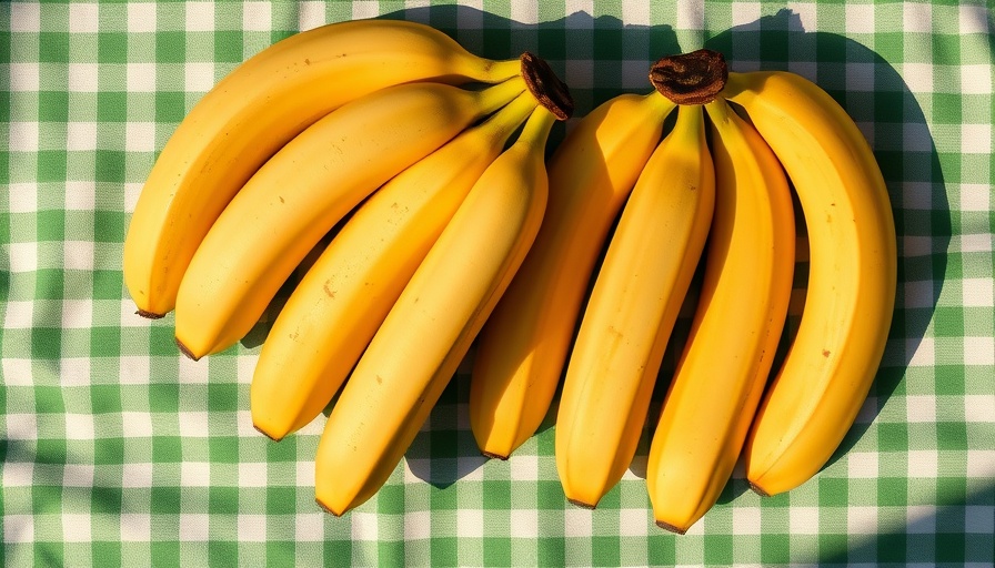 Fresh bananas on checkered tablecloth for potassium and blood pressure management.