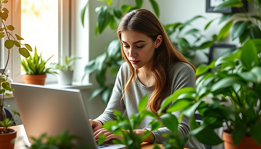 Young woman gardening indoors, illustrating self-employment benefits for heart health.