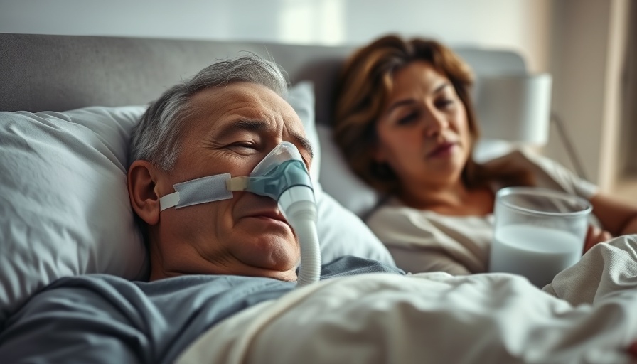 Man with CPAP mask beside woman talking about sleep apnea and dental health.