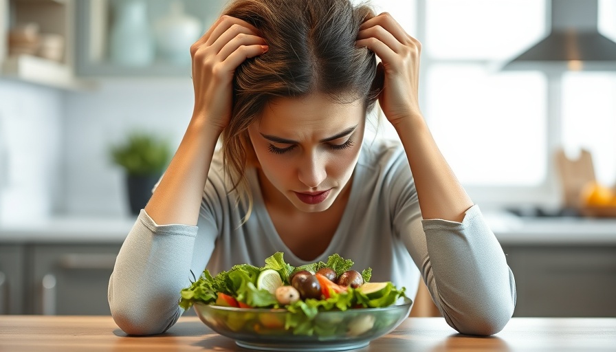 Stressed woman with head in hands at table with salad, thinking.