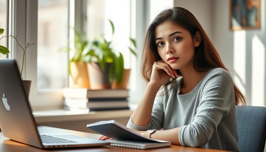 Thoughtful young woman seated at desk with laptop, exploring health benefits of fidgeting.