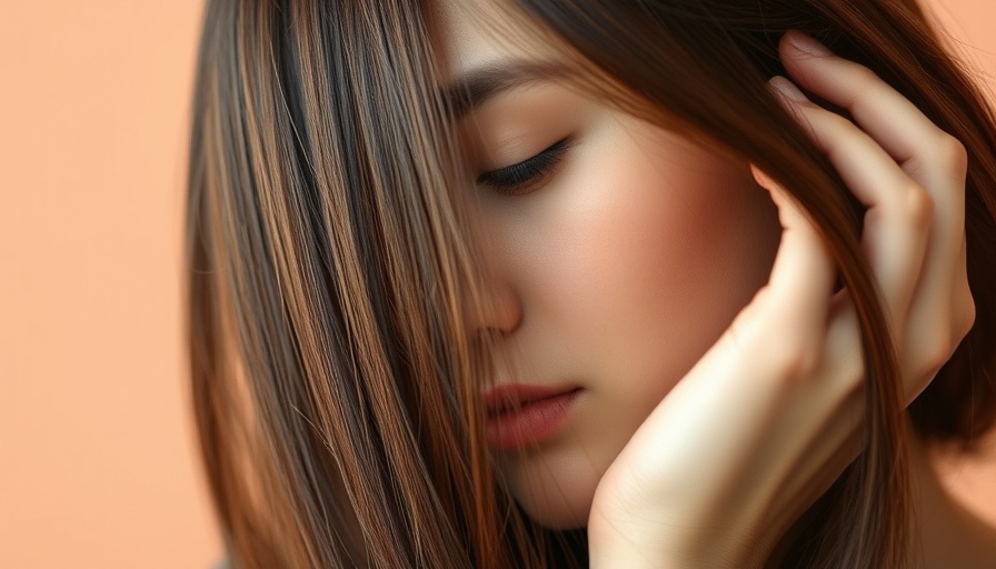 Woman contemplating hair thinning, introspective mood.