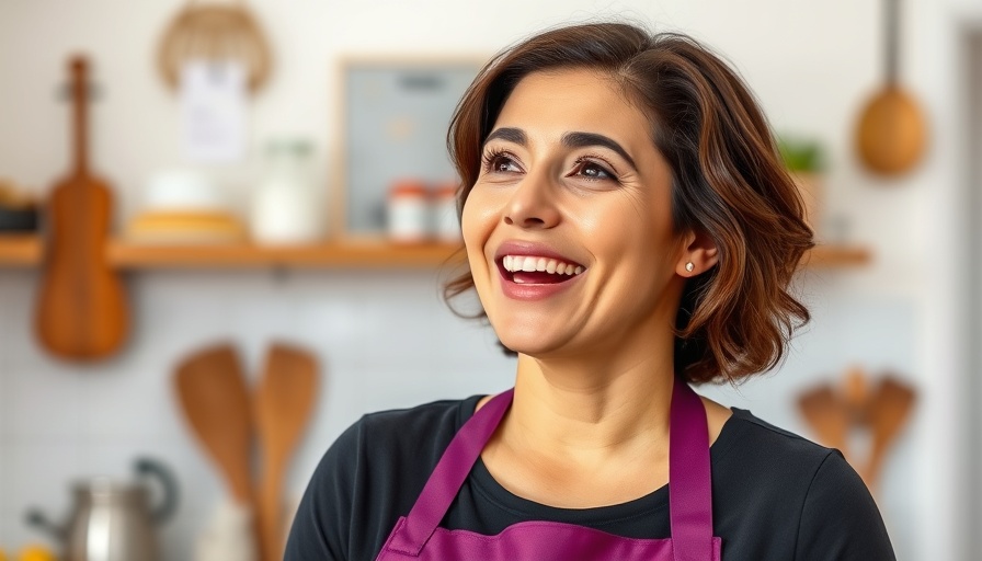 Smiling woman discussing dental care in a bright kitchen.