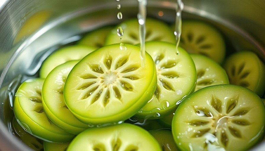 Fresh bitter melon slices soaking in water, emphasizing health benefits.