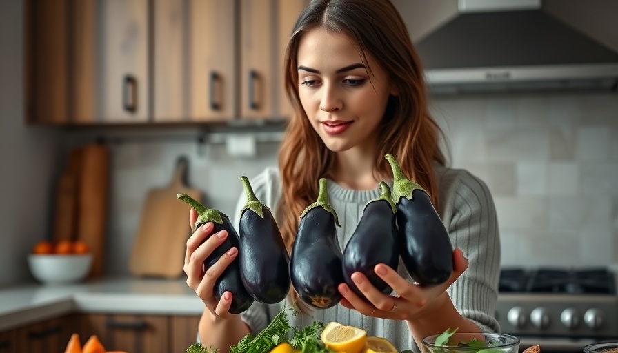 Young woman prepares healthy dinner with eggplants in kitchen.