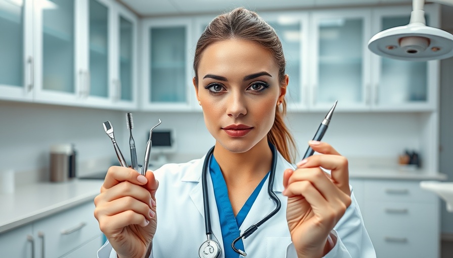 Female dentist in dental office focusing on dental care tools.