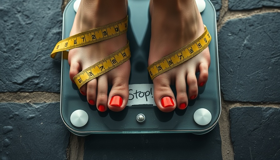 Feet bound by tape on a scale with 'Stop' note, weight stigma.