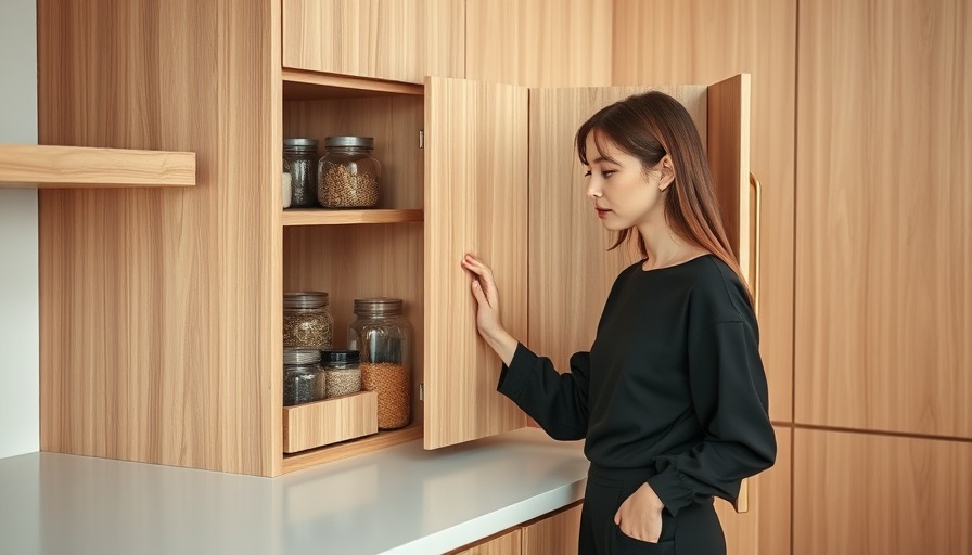 Woman opening kitchen cabinet with jars of healthy food.