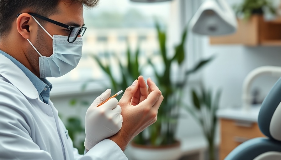 Dental professional instructing on flossing techniques in modern office.