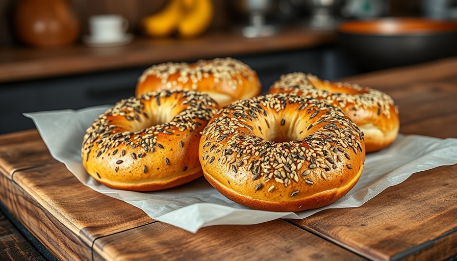 2 ingredient protein bagels on a wooden surface, sprinkled with seeds.