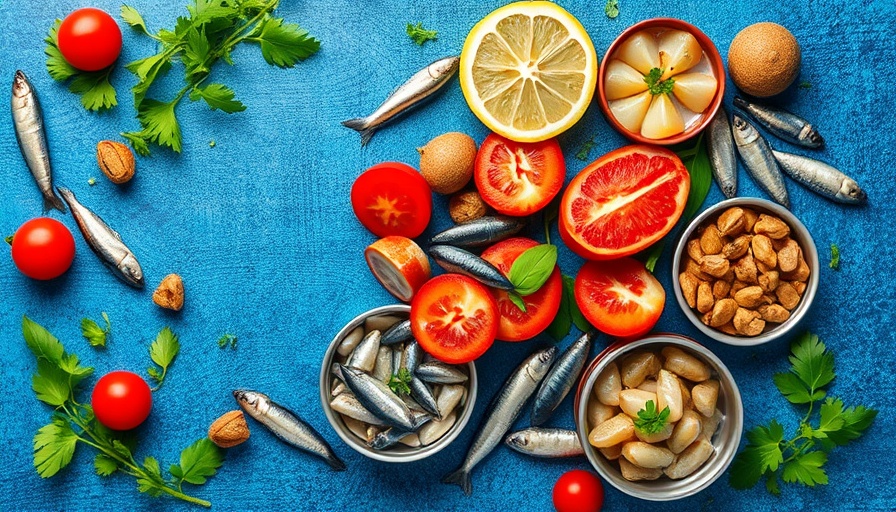 Canned seafood including anchovies and sardines on blue background.