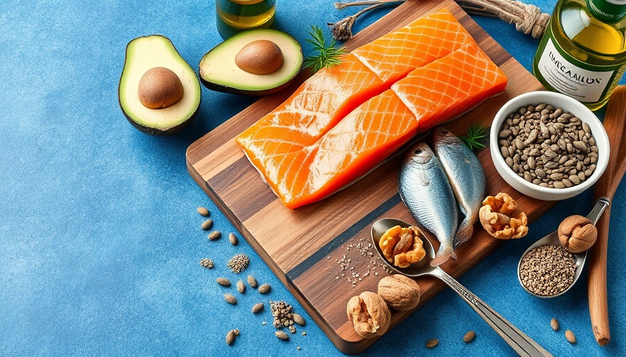 Omega-3 rich foods including salmon, avocado, and walnuts.