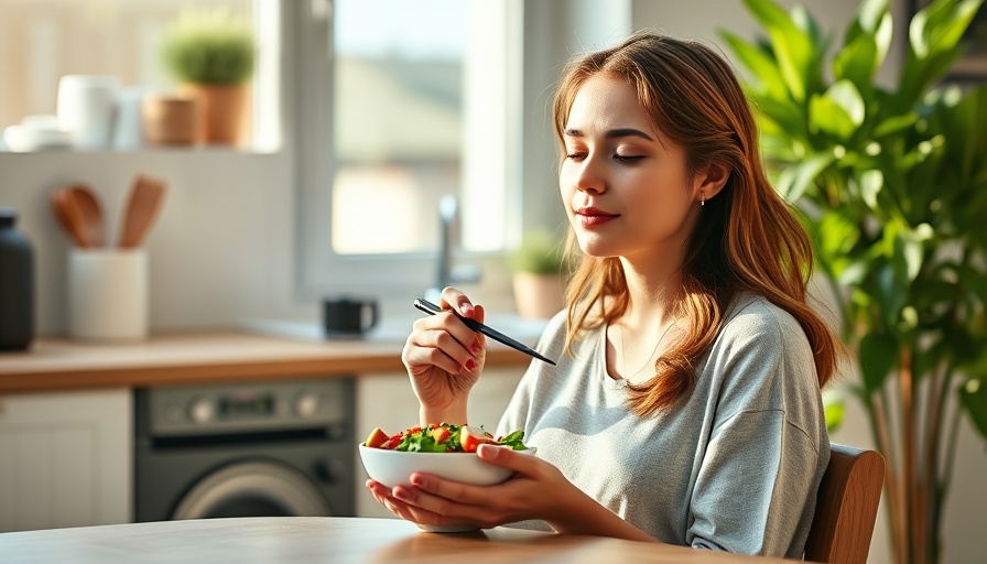 Woman taking a lunch break for holistic wellness in a cozy kitchen.