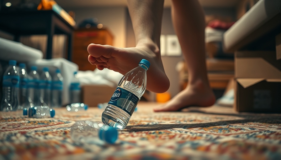 Person uses a water bottle for foot pain relief on carpeted floor.