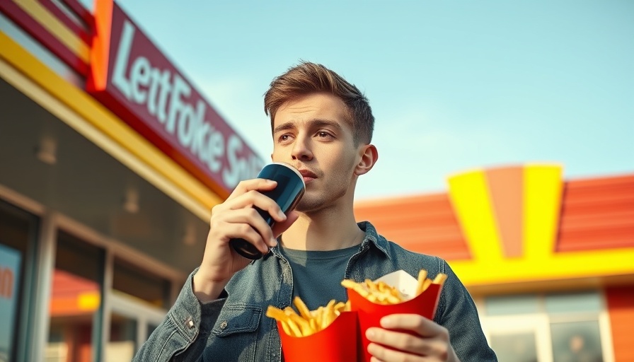 Man experiencing migraine relief with Coke and fries outside fast food outlet.