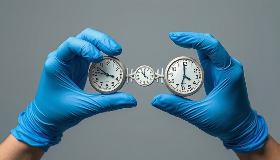 Gloved hands holding DNA with clock faces for preventive care for aging.