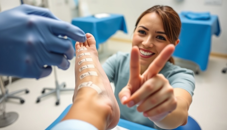 Foot health tips with foot model being examined in a medical setting.