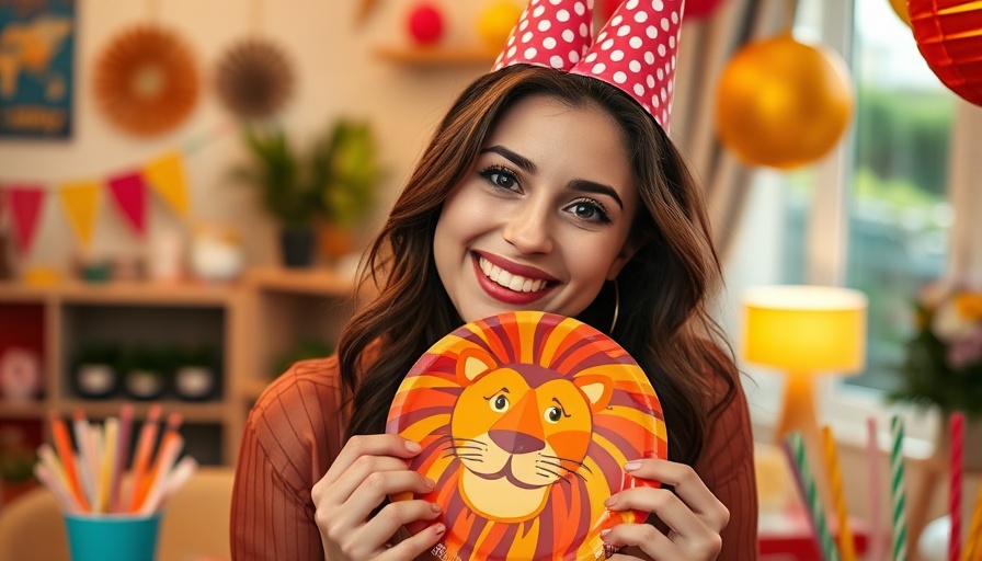 Woman displaying colorful party supplies for kids' birthday parties.