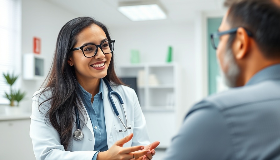 Doctor discussing with patient in modern office about fluoride effects on pineal gland.