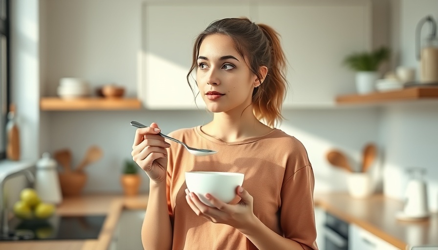 Woman eating yogurt in kitchen - tips for better gut health.