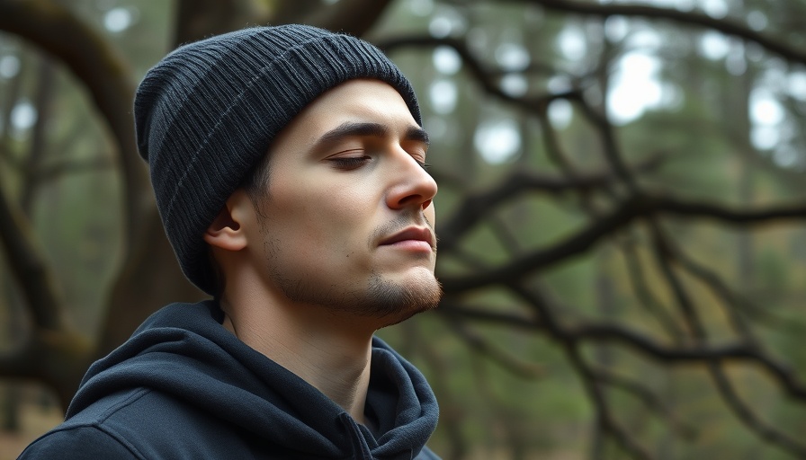 Young man practicing breathwork benefits in a forest.