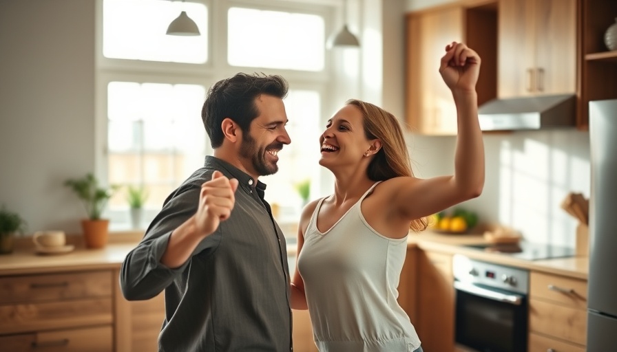 Happy couple dancing in kitchen, discussing if dancing can reduce dementia.