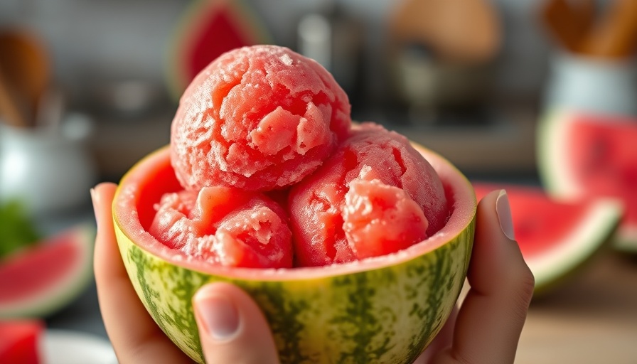 Freshly scooped sugar-free watermelon sorbet in a watermelon shell.