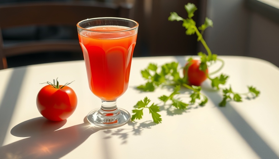 Refreshing tomato juice with parsley in sunlight on a white table.
