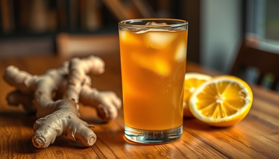 Glass of kombucha with ginger and citrus on a wooden table.