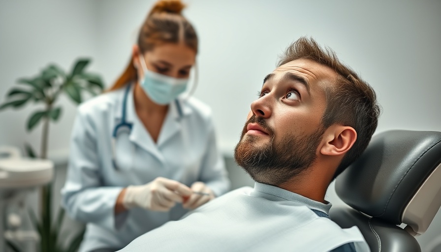 Dental care scene: Patient surprised in dentist's chair.