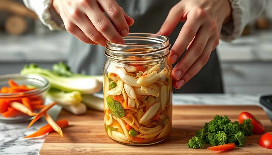 Hands making kimchi in jar on marble countertop, emphasizing gut health.