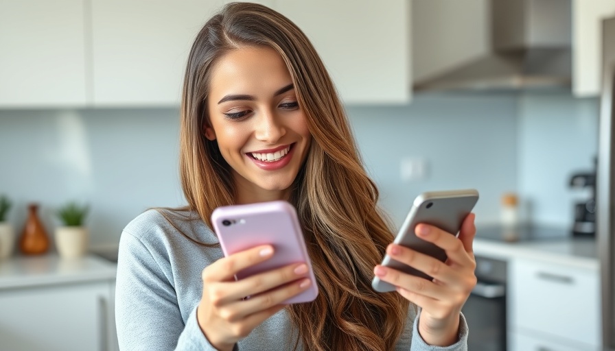 Woman using dental care app on smartphone in bright kitchen.