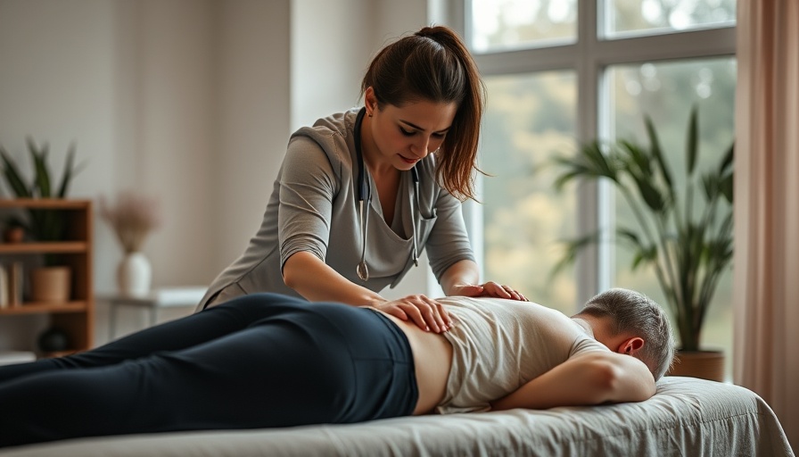 Female chiropractor assisting a patient, bright therapy room.