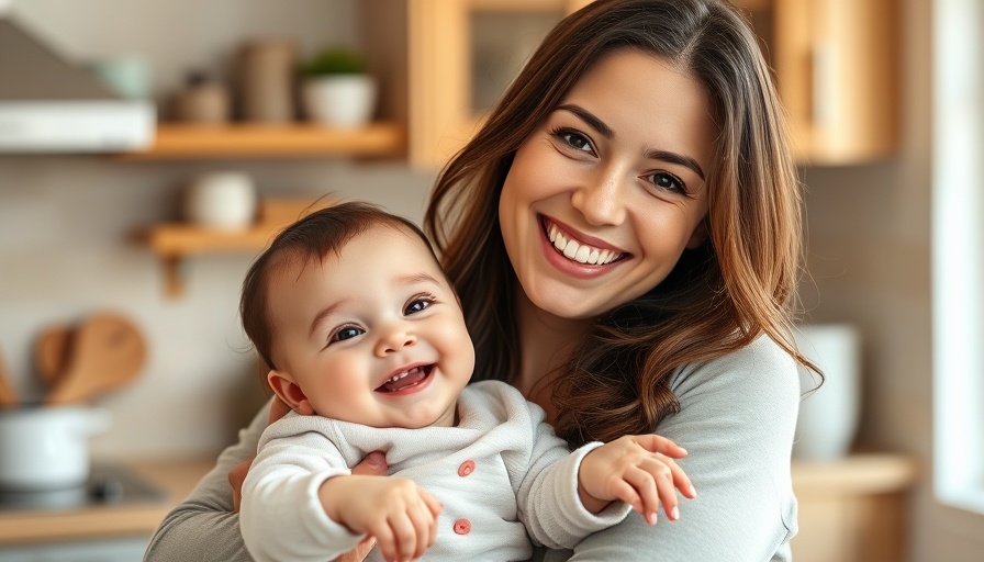 Mother and baby smiling warmly in cozy kitchen, symbolizing healthy eating.