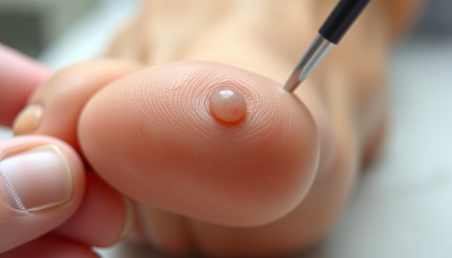 Close-up of foot with small growth being examined in clinical setting.