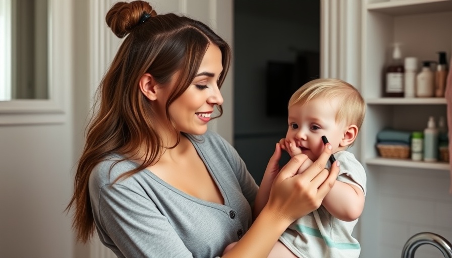 Mother getting ready with toddler in bathroom, multitasking scene.