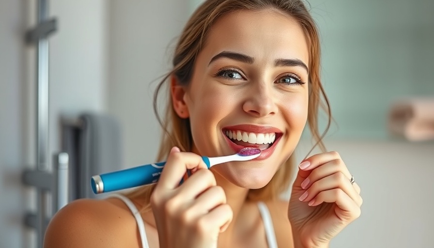 Woman using toothbrushing app for dental care.
