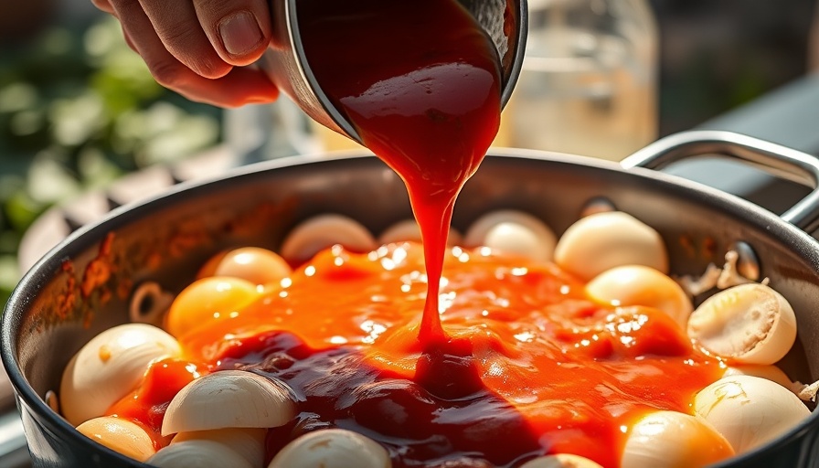 Close-up of tomato sauce poured over onions in a pan.