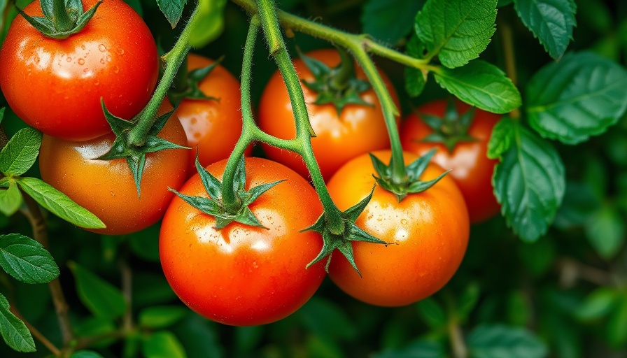 Bright tomatoes glistening with dew on vines; boost skin health with tomatoes.