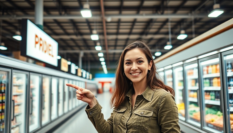 Smiling woman near high protein snacks at Costco, vibrant store display.