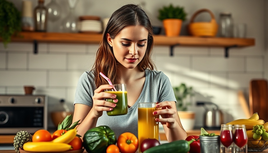 Woman preparing smoothie in kitchen, focusing on ingredients for healthy eating.
