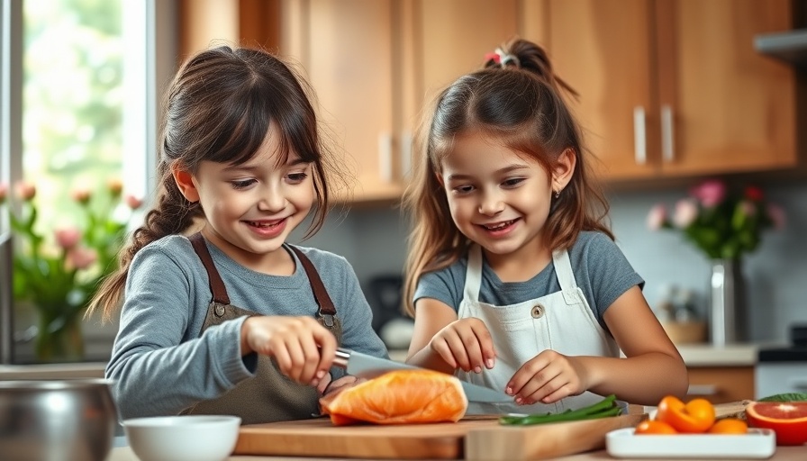 Healthy eating with young woman and child preparing salmon in kitchen.