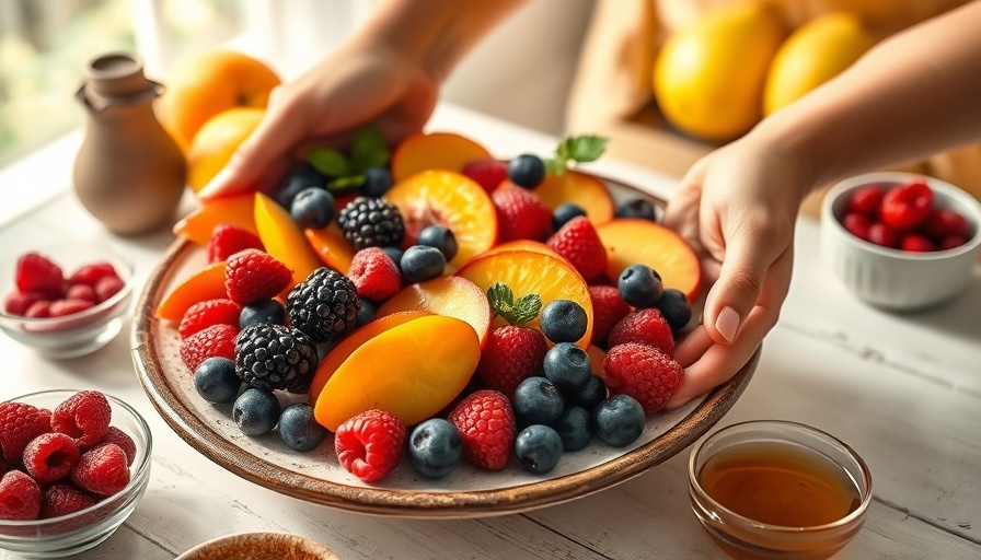 Plate of fresh berries and peaches for heart health