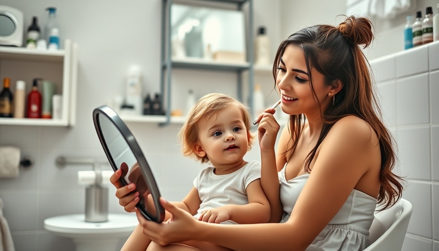 Mother and toddler shared moment in bathroom; healthy habits.